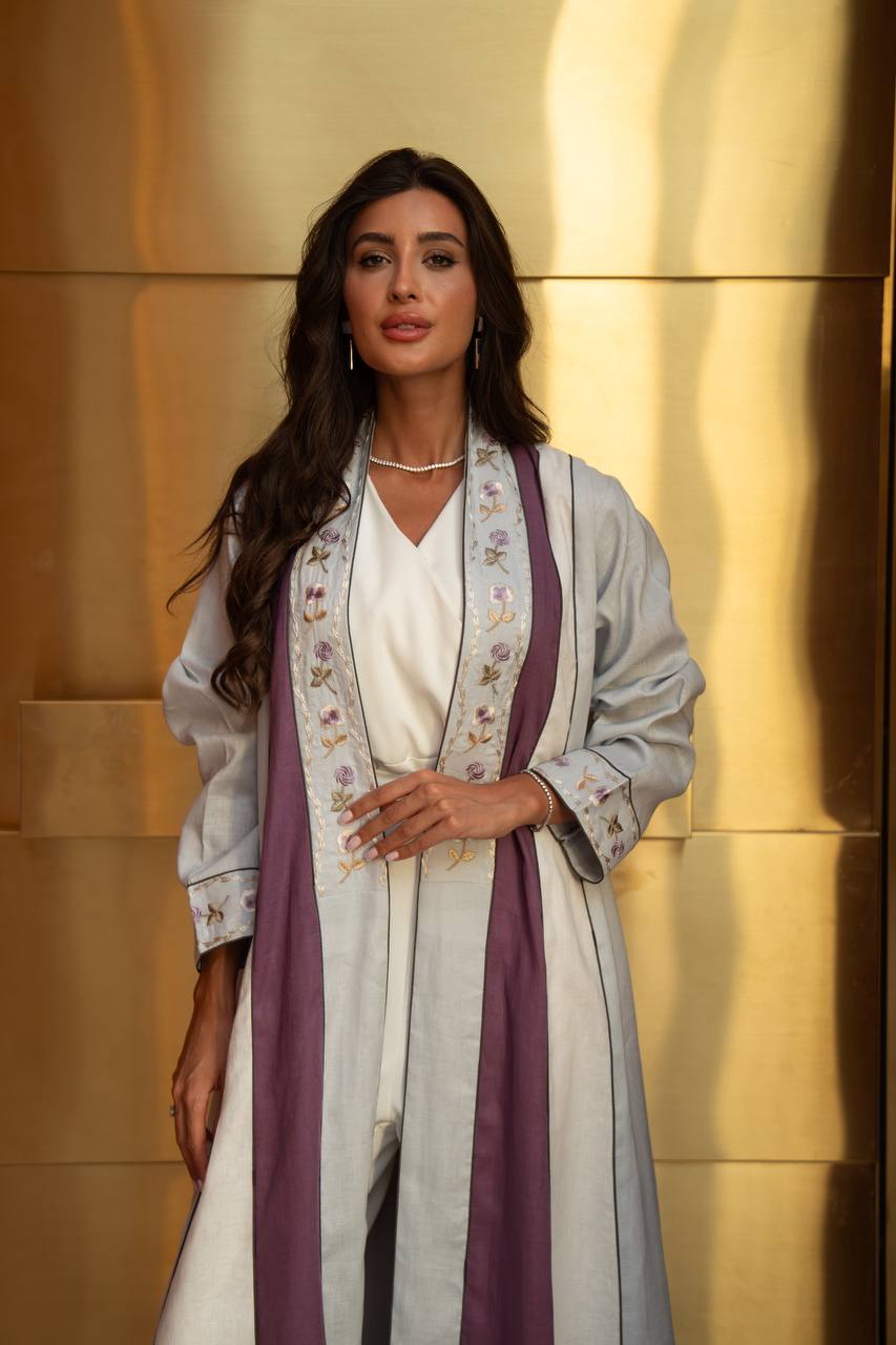 Beige linen abaya with embroidery.C:6799