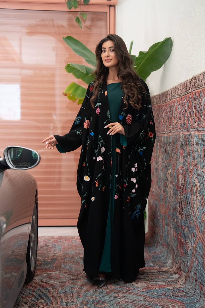 Black linen abaya with embroidery.C:6802