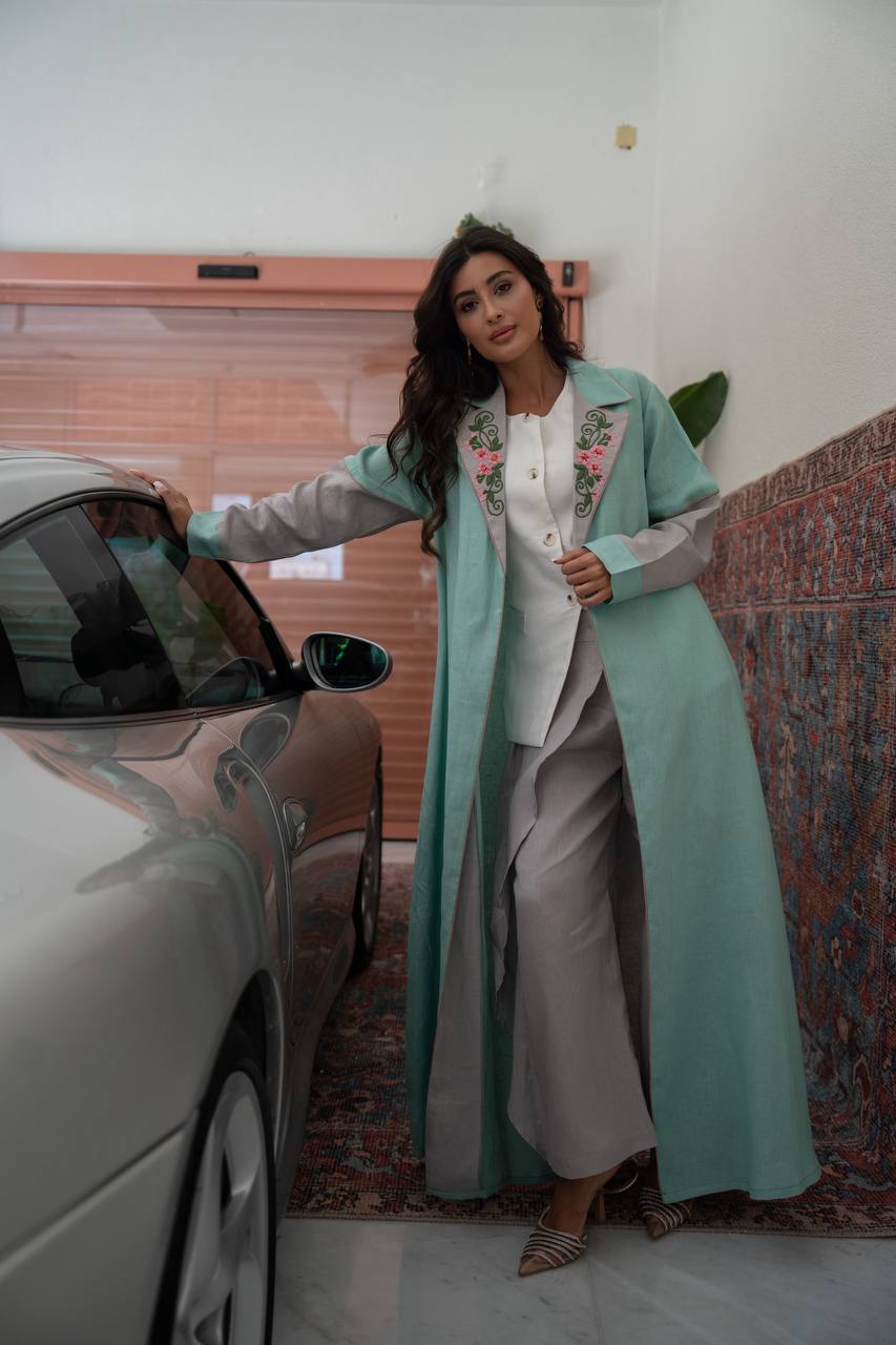 Turquoise linen blazer abaya with embroidery. C:6803