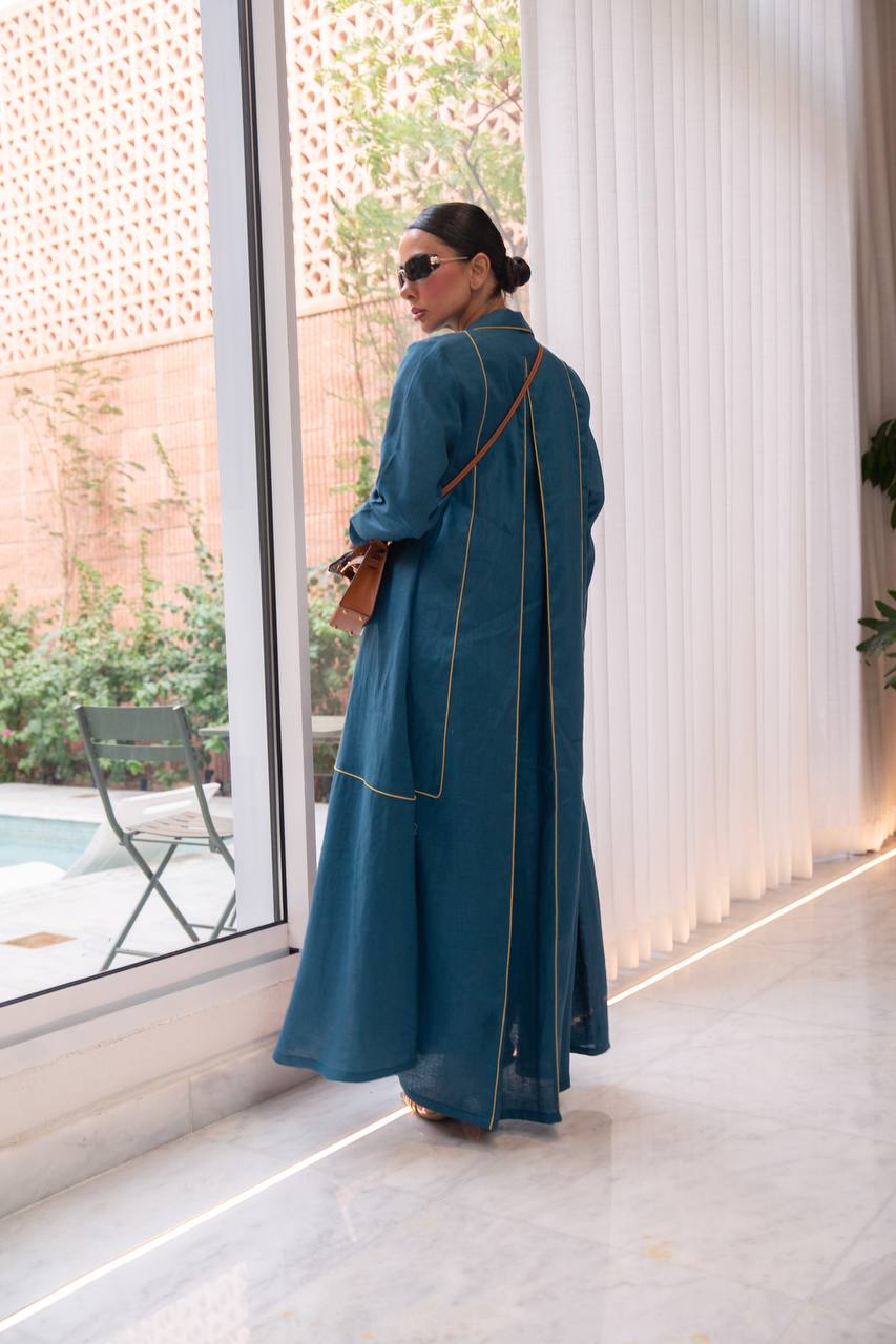 Turquoise linen abaya.C:6805