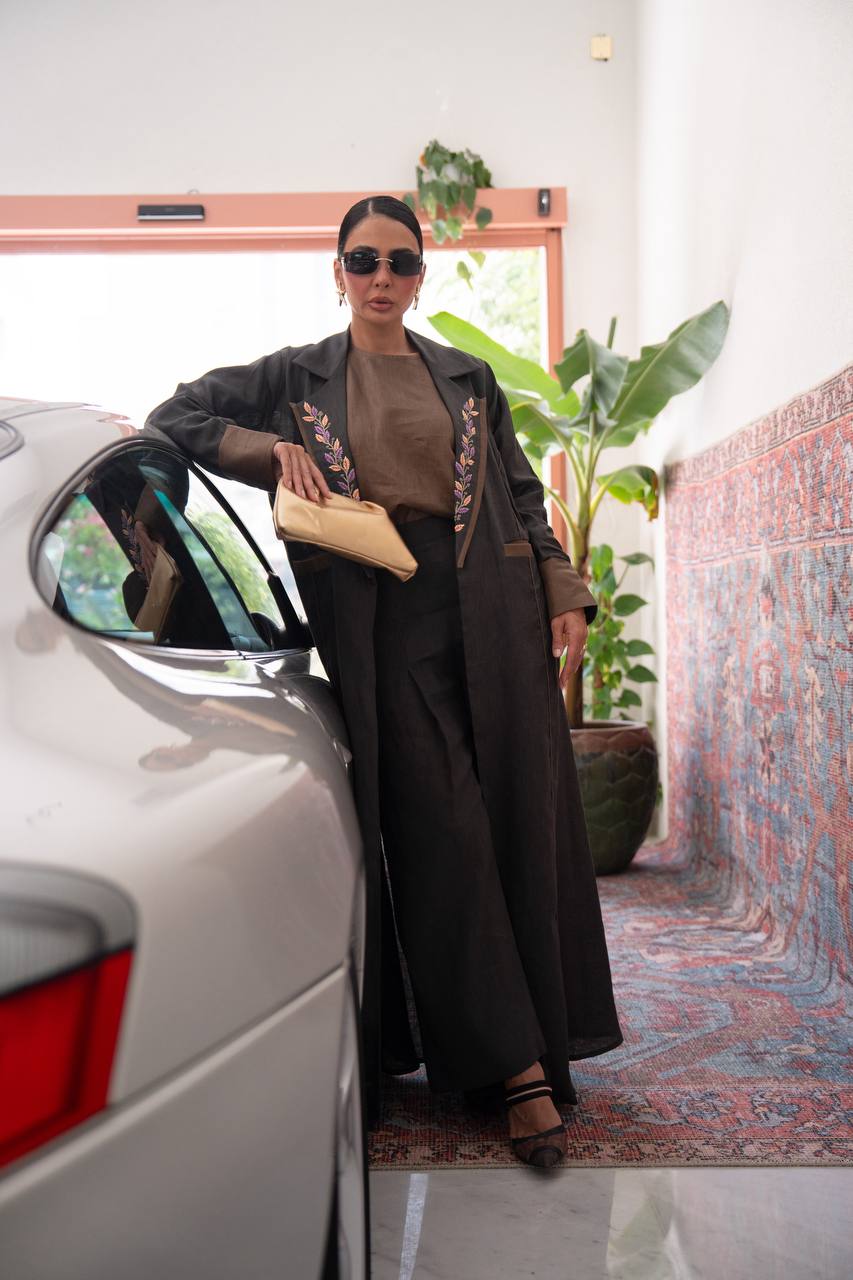 Black linen blazer abaya with embroidery.C:6806