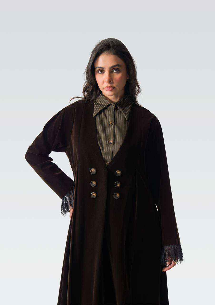 Velvet abaya with striped crepe and lace.C:6837