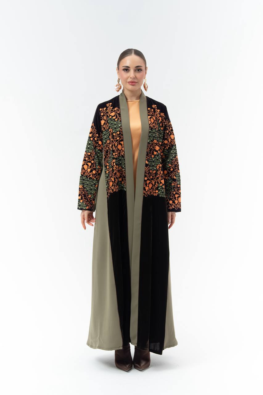 Embroidered velvet and crepe abaya.C:6835