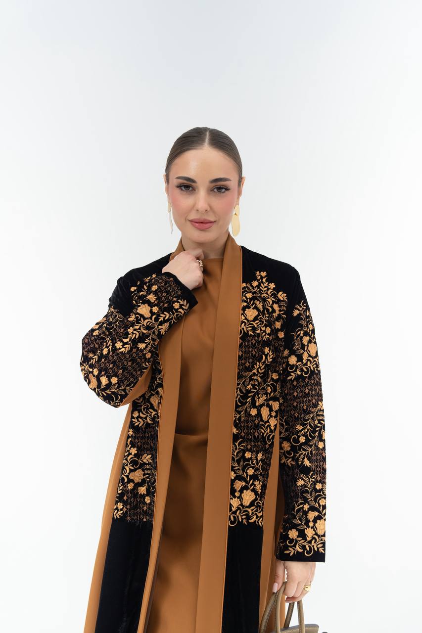 Embroidered velvet and crepe abaya.C:6835 Orange