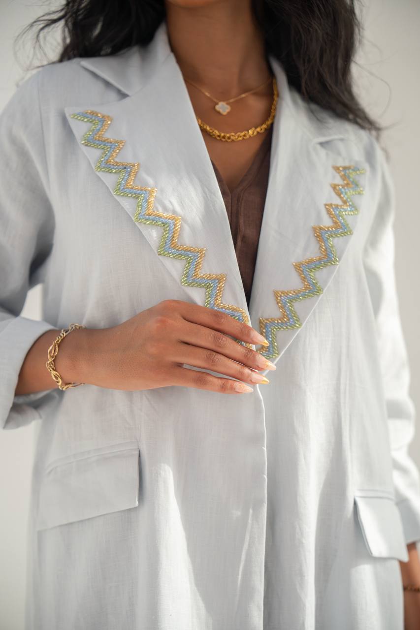 Linen blazer abaya, sky blue with hand embroidery C:6651