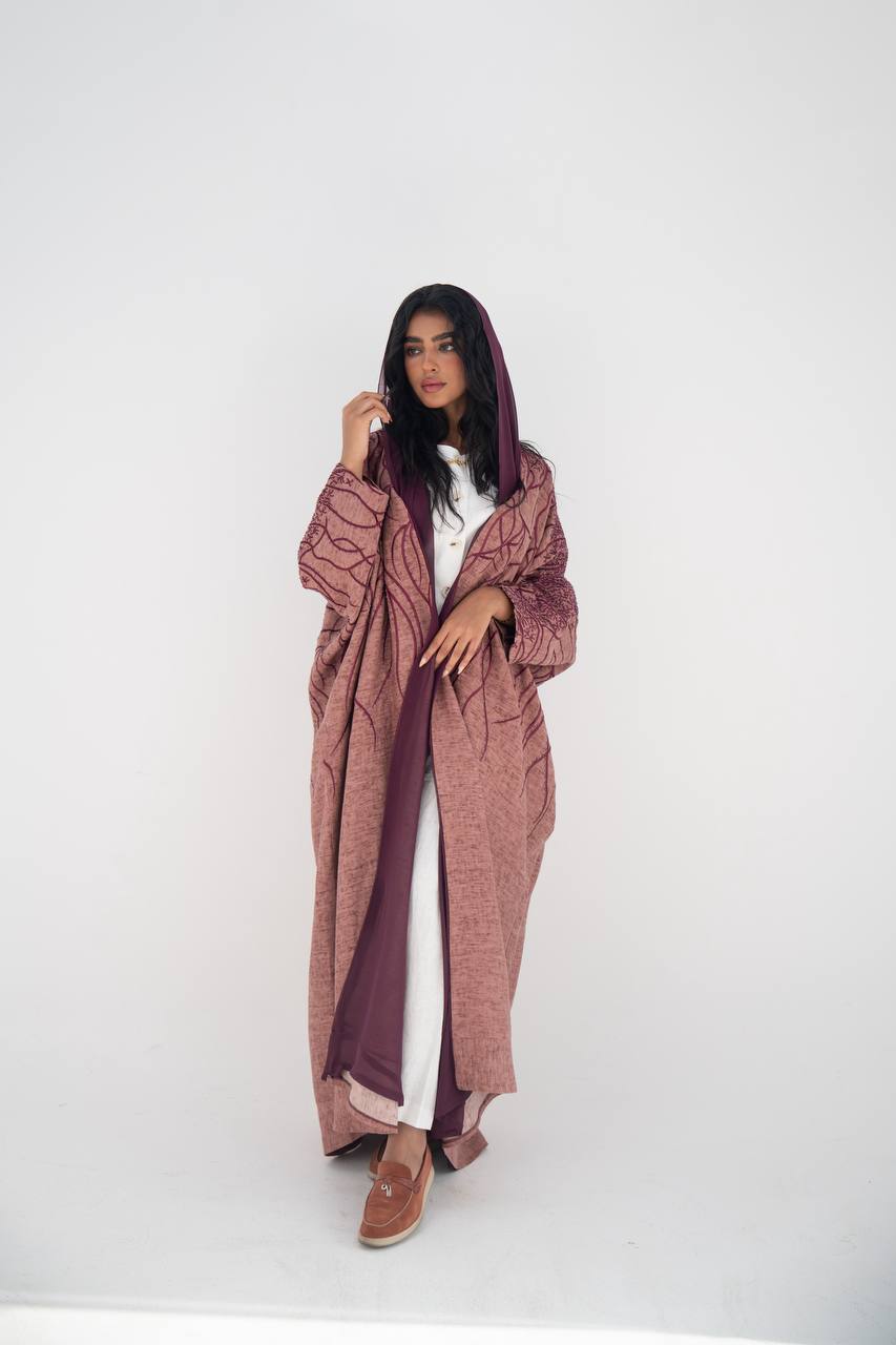 Flesh-colored linen bisht abaya with beading and embroidery C:6648