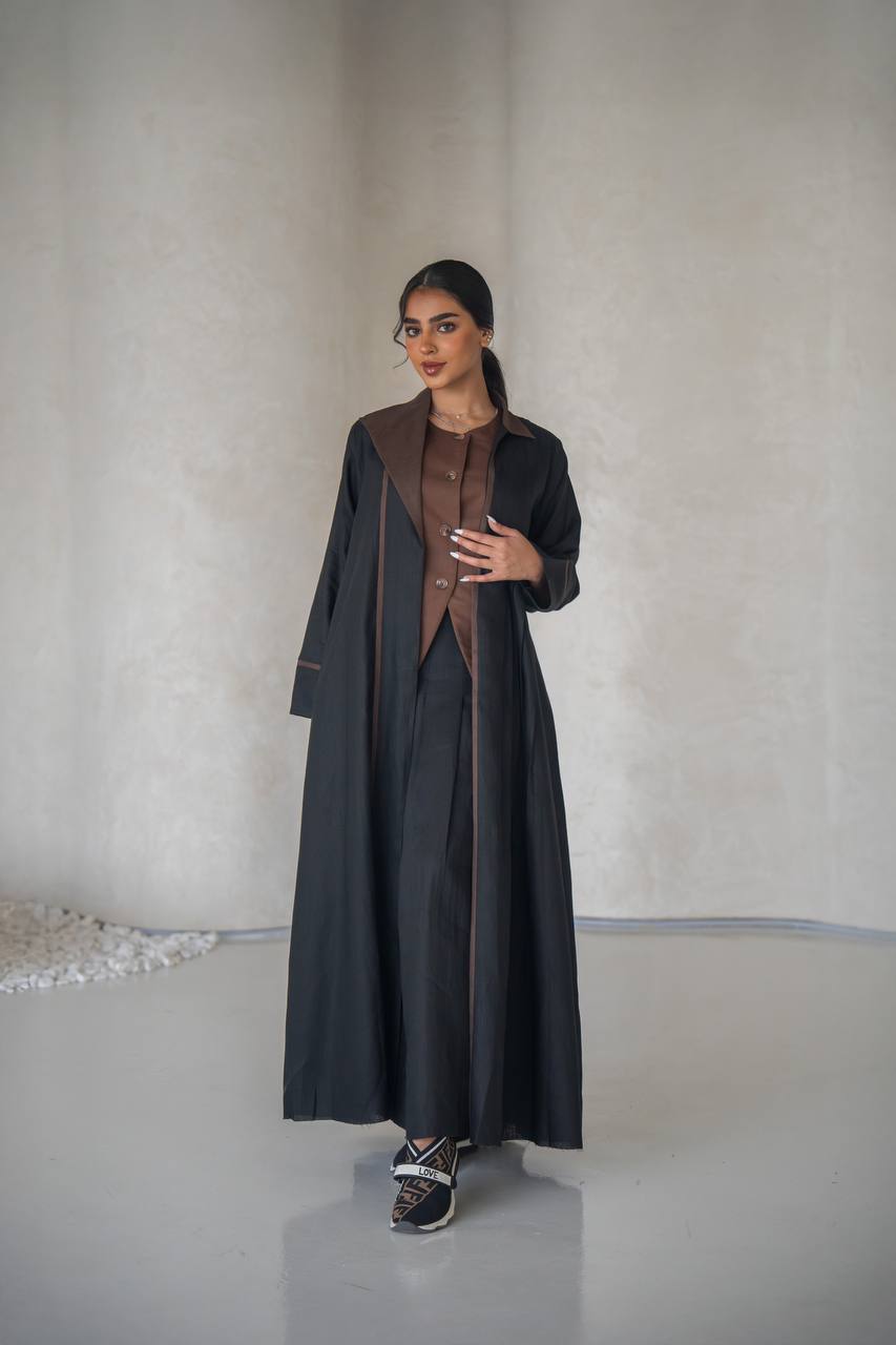 Black blazer abaya with inner set, made of linen C:6636 Black-Brown