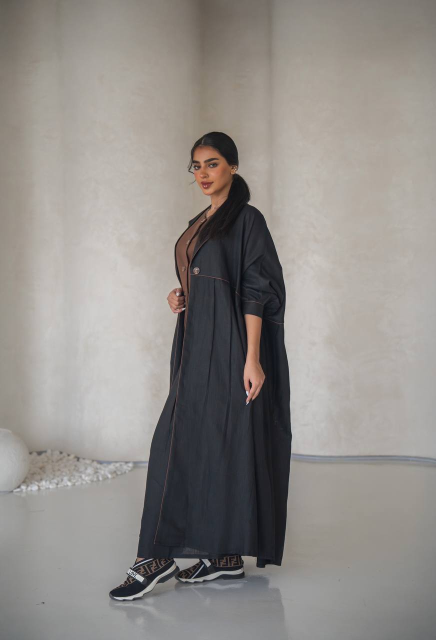 Free size black abaya with inner set, linen C:6641 (free size)