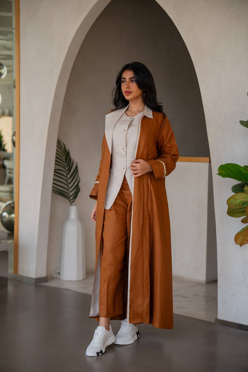 Abaya with inner set made of linen in camel and beige C:6636