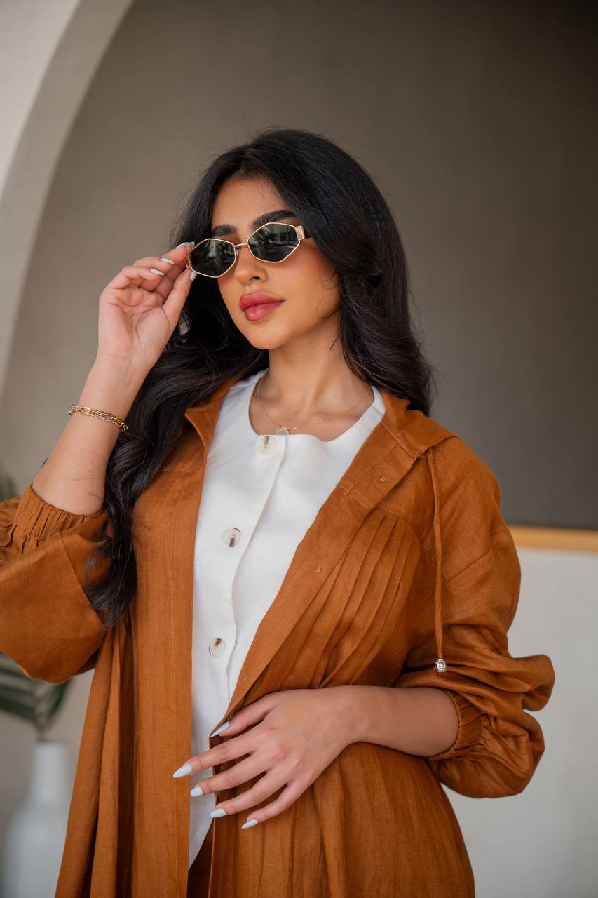 Free size linen abaya in camel color, with inner set C:6634 (Free size)