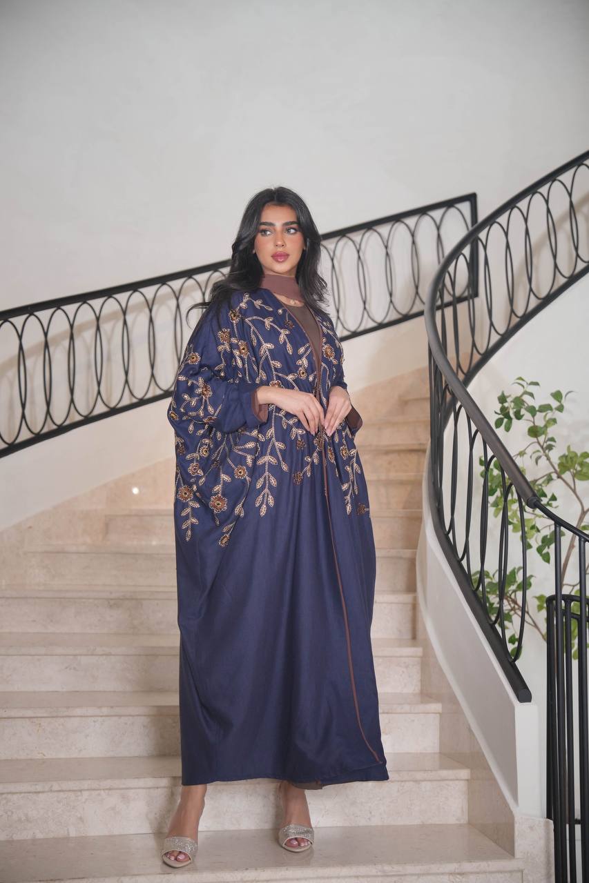 Navy Linen Bisht with Embroidery C:6595 (Free size)