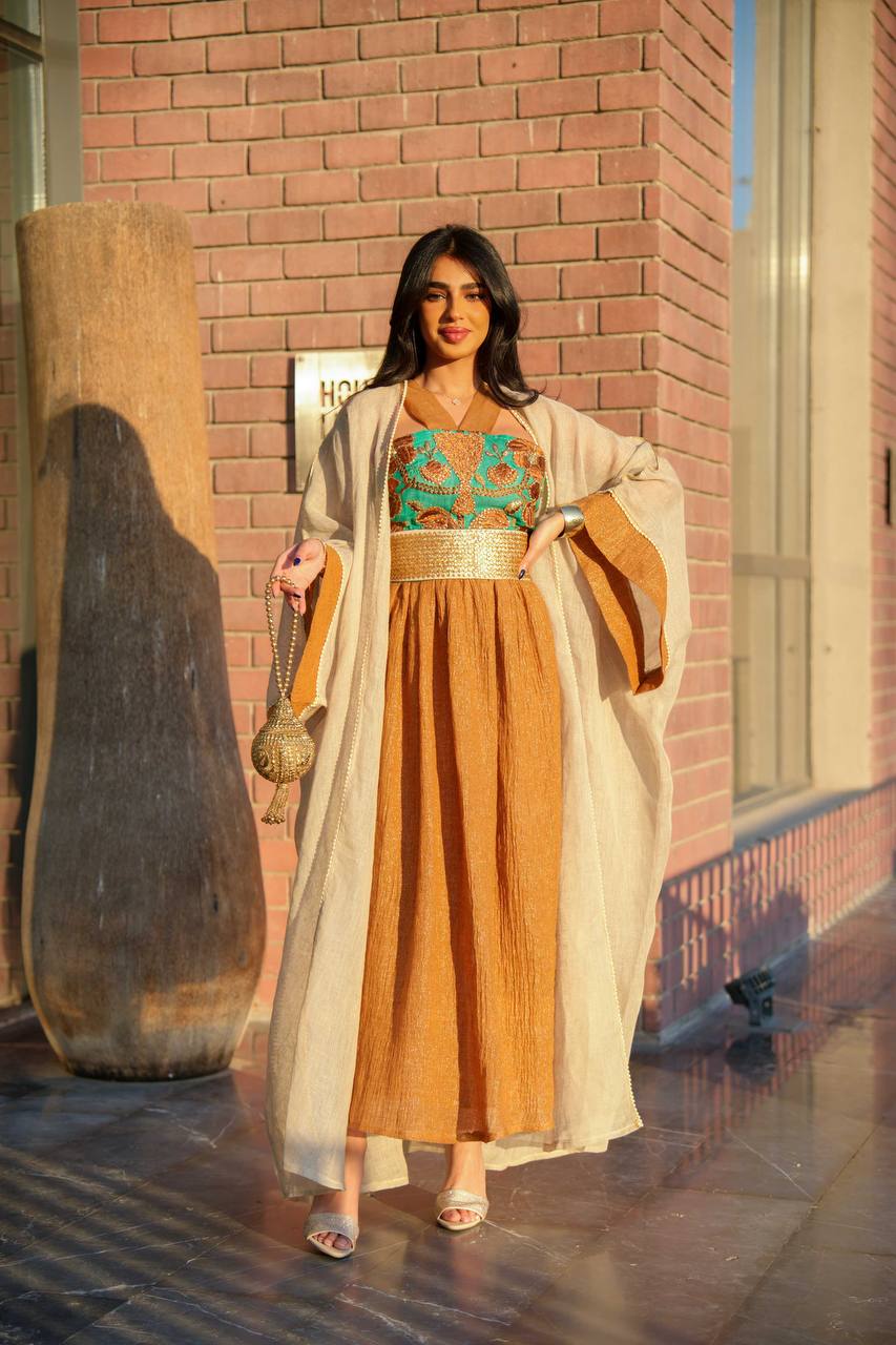 Light beige linen burlap bisht with camel linen dress C:6590