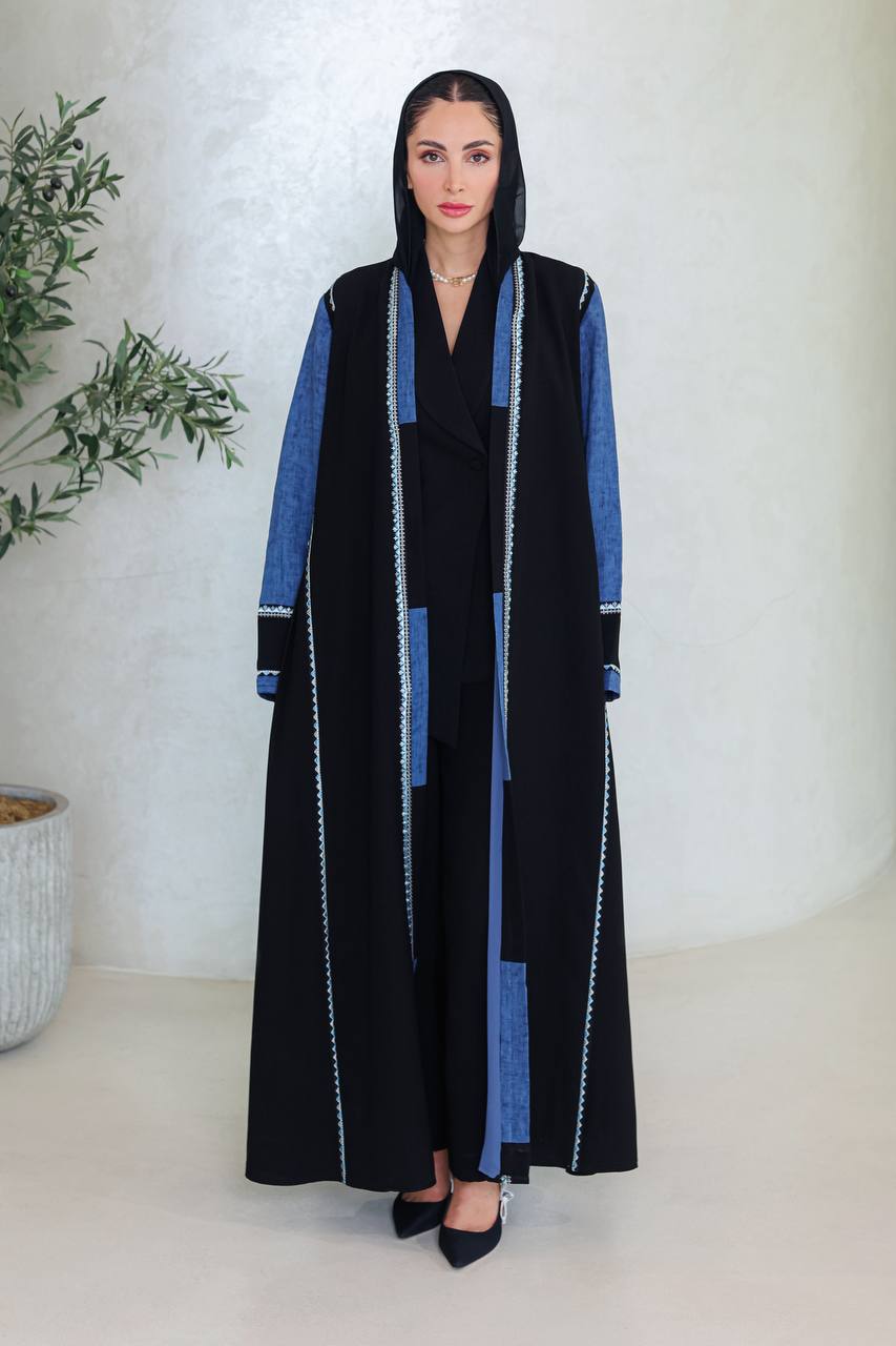 Black crepe abaya with blue embroidery C:6672