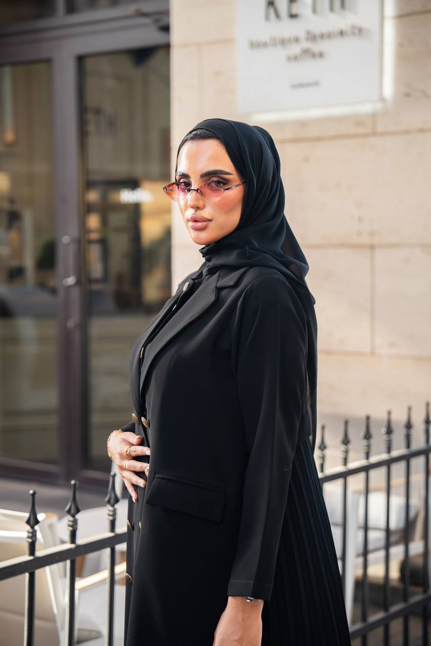 Black crepe blazer abaya with pleated cloche C:6680