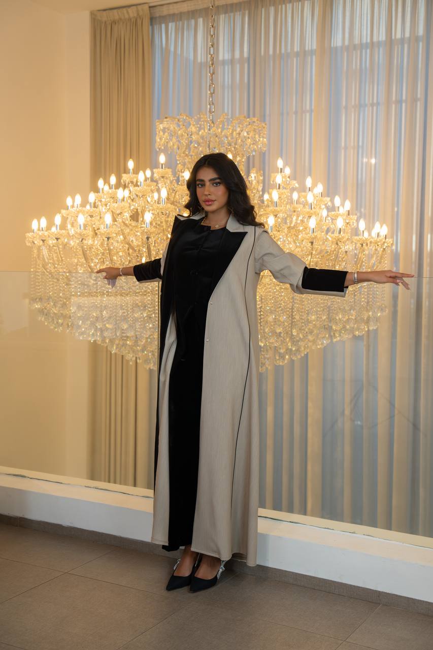 Beige crepe abaya with black velvet.C:6704