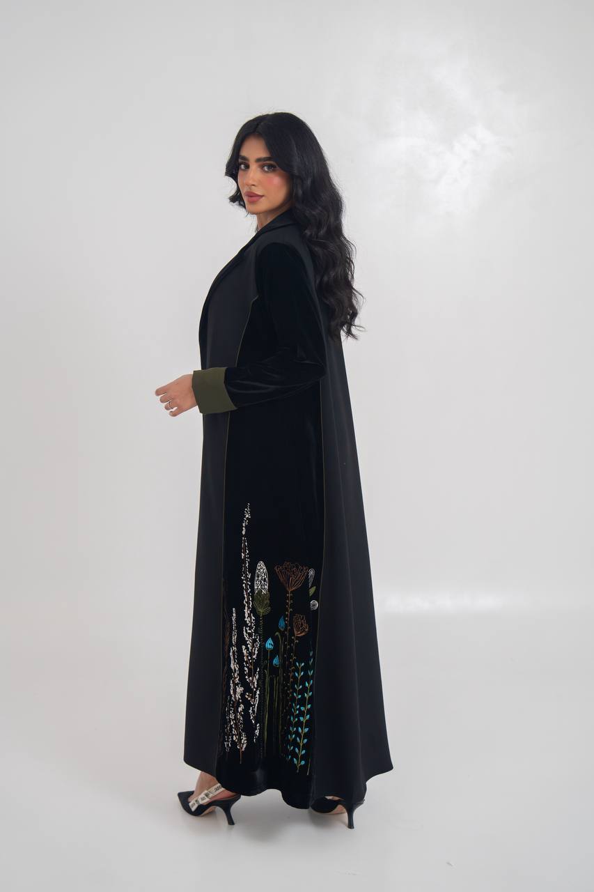 Velvet blazer abaya with crepe and embroidery. C:6711