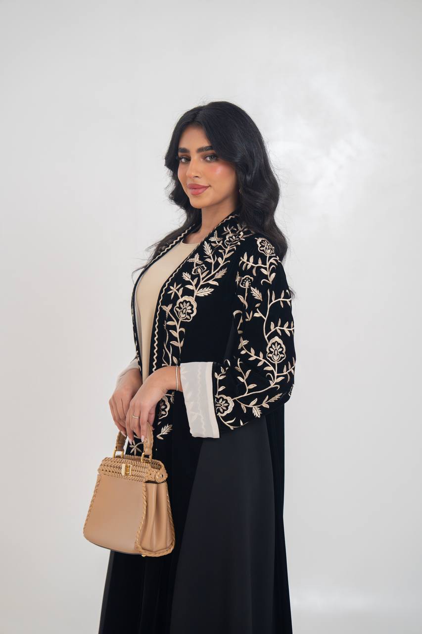 Black velvet abaya with embroidery. C:6710