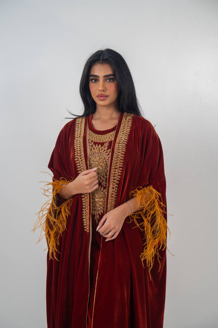 Bisht and dress set in burgundy velvet with hand embellishment.C:6714