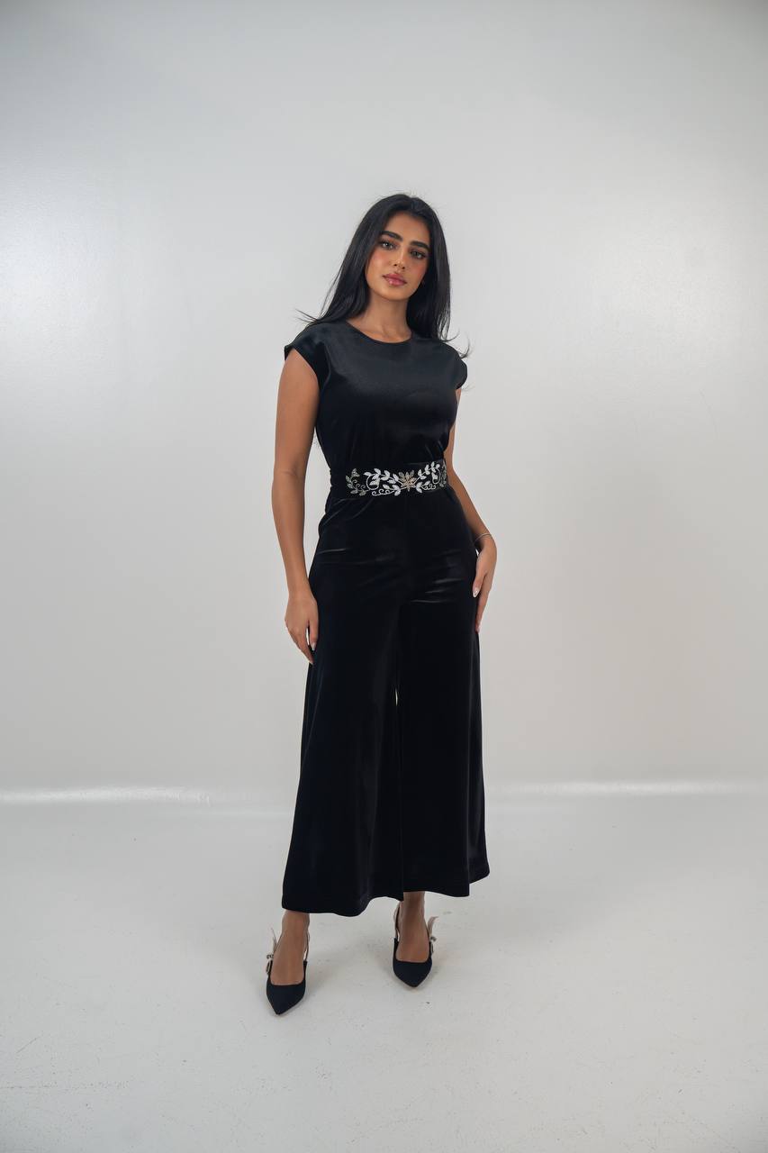 Velvet bisht and jumpsuit set in black with hand embellishment.C:6719