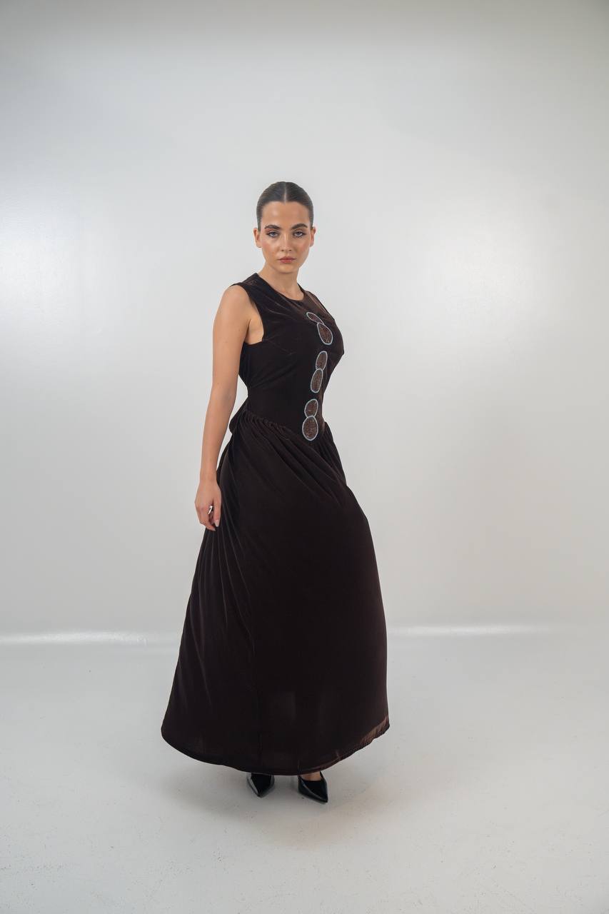 Bisht and dress set in brown velvet with hand embellishment.C:6718