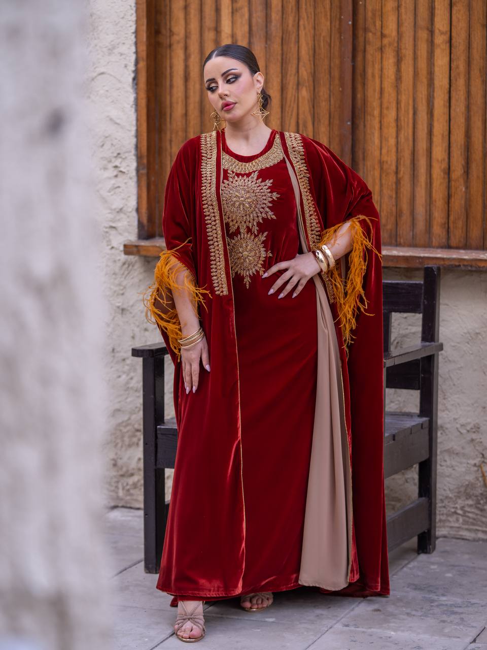 Bisht and dress set in burgundy velvet with hand embellishment.C:6714