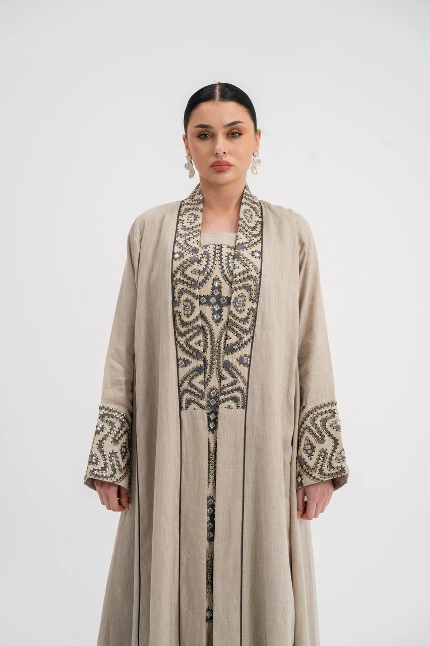 Abaya and dress set, linen with embroidery. C:6741