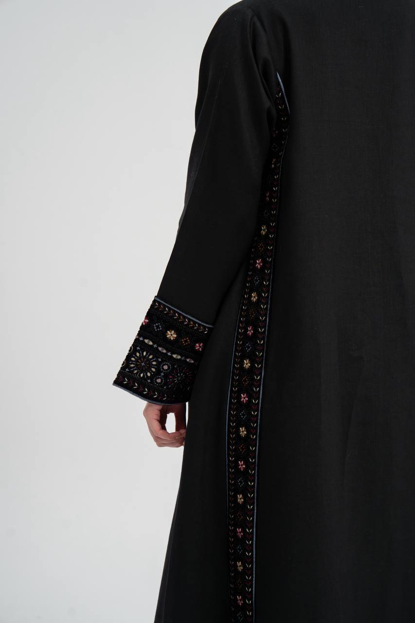 Linen abaya in black with embroidery.C:6746