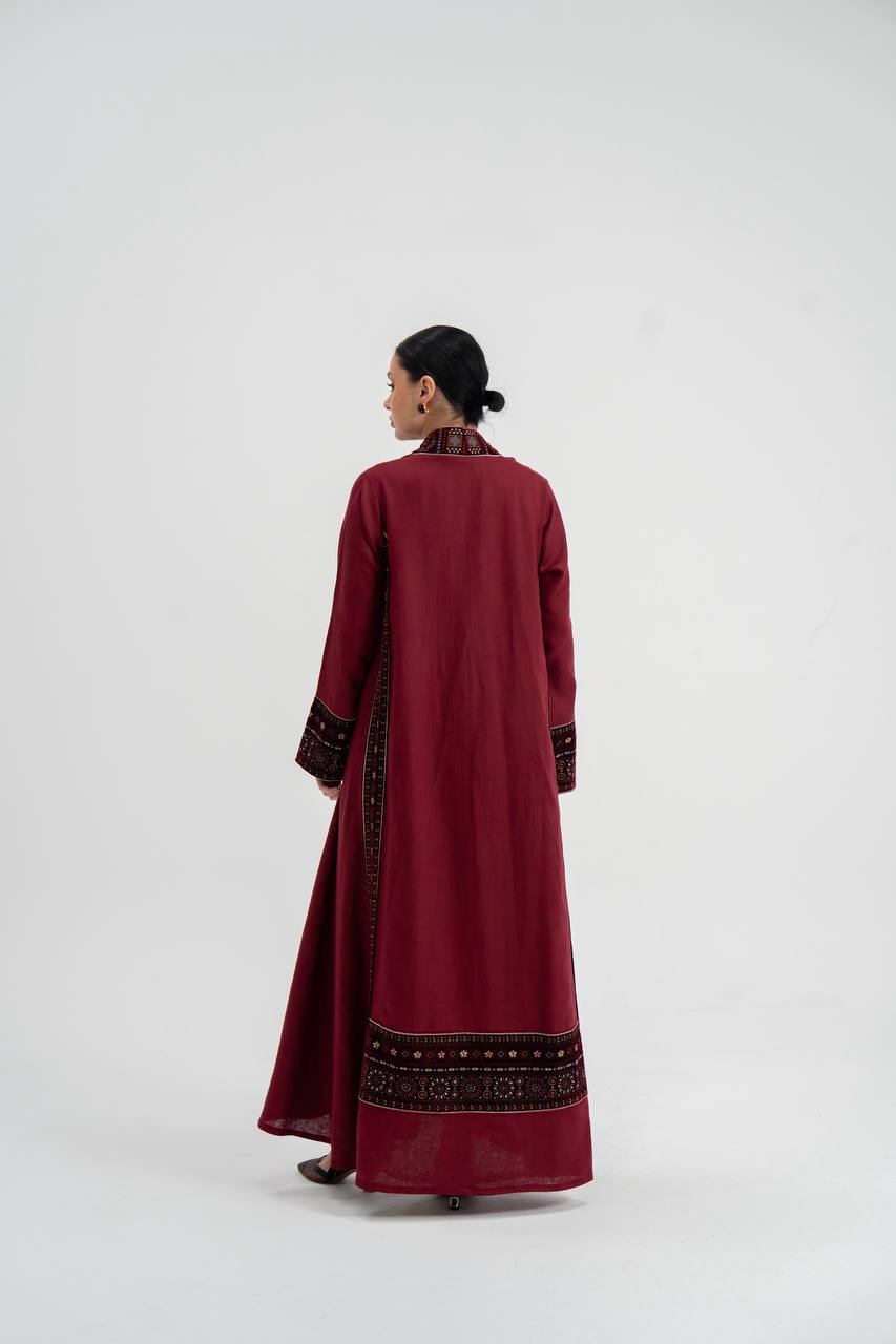 Red linen abaya with embroidery. C:6746