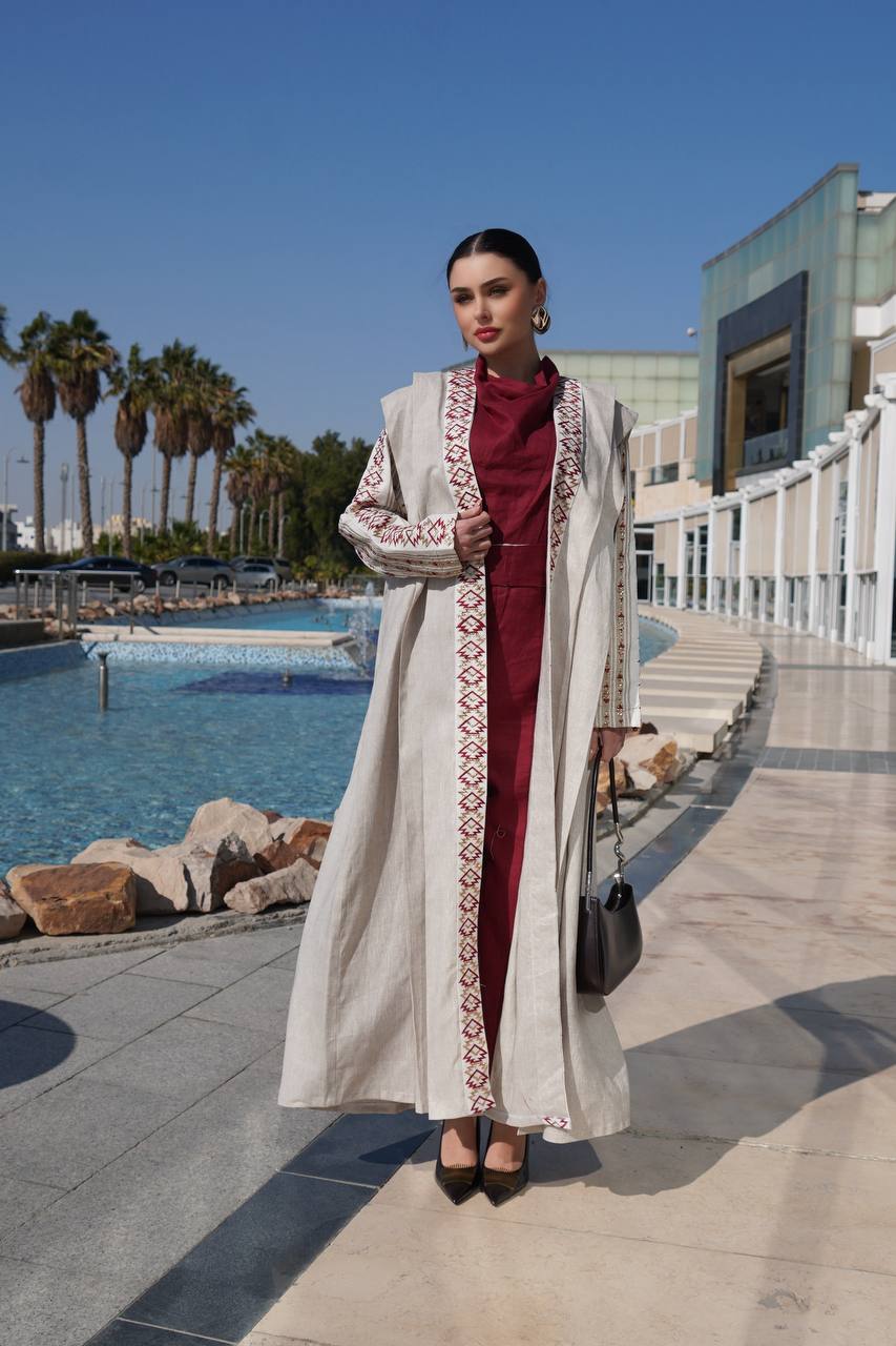Beige linen abaya with embroidery. C:6758