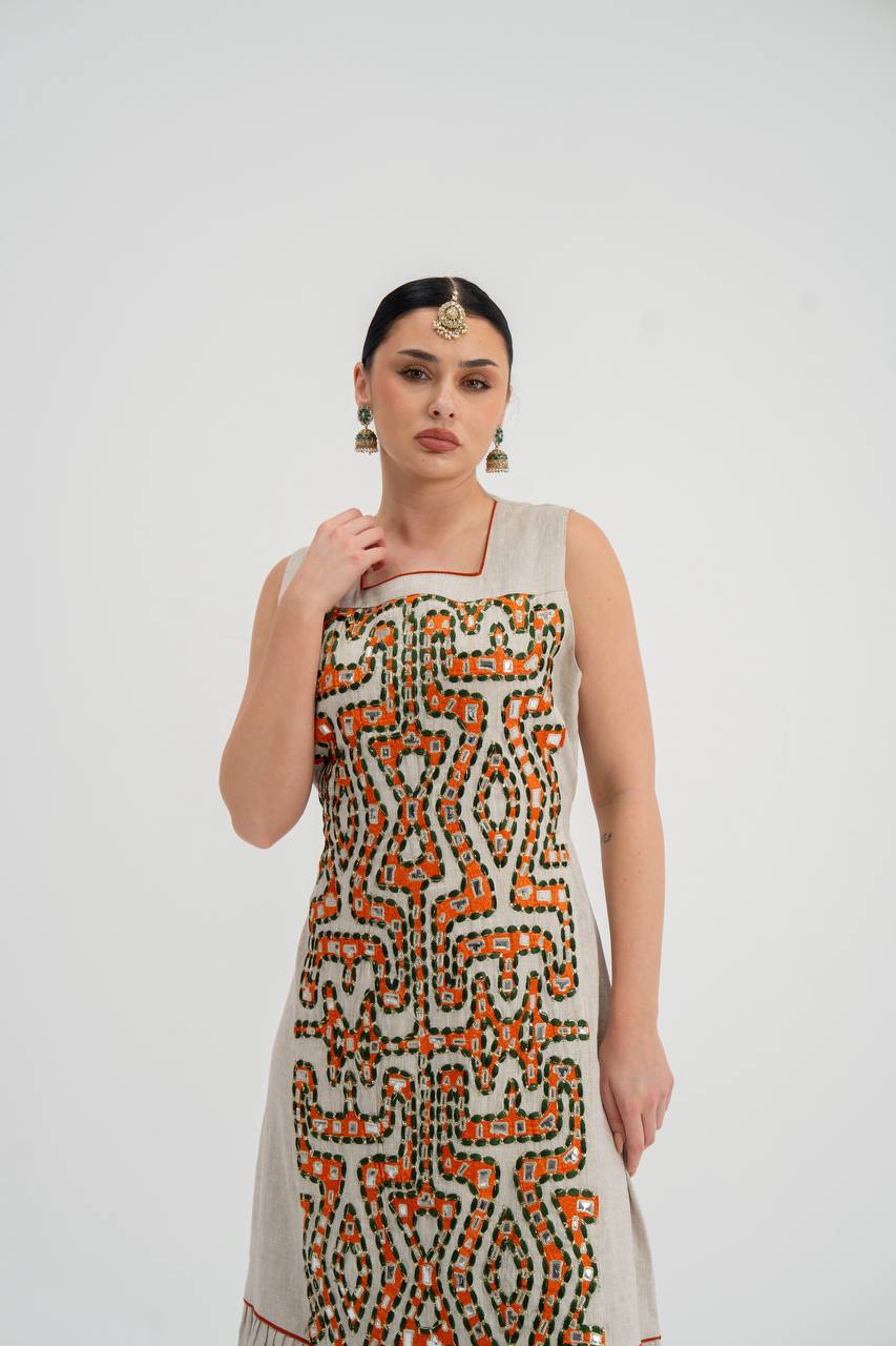 Abaya and dress set, light beige linen with embroidery. C:6743