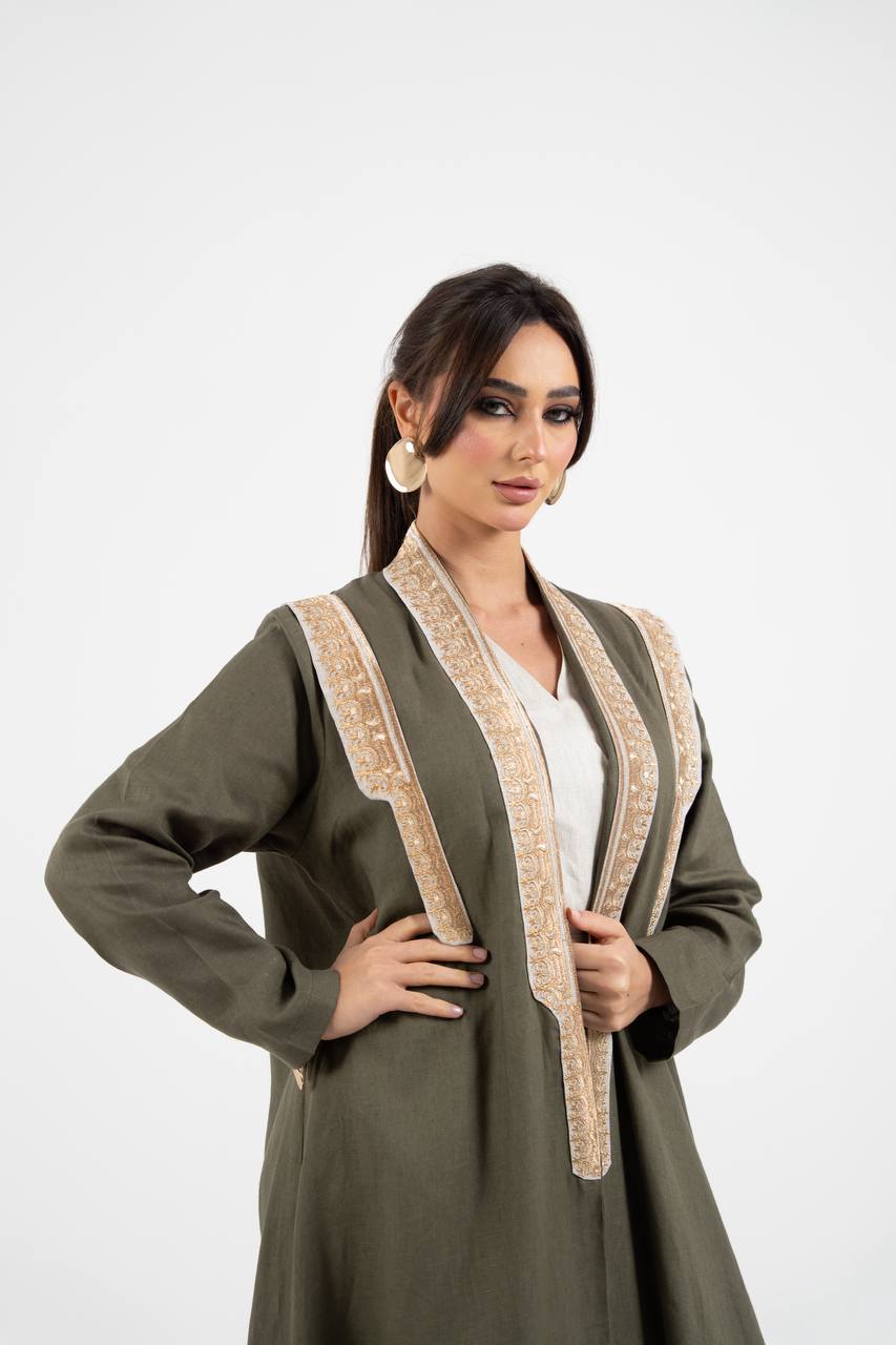Linen abaya in olive green with embroidery. C:6762