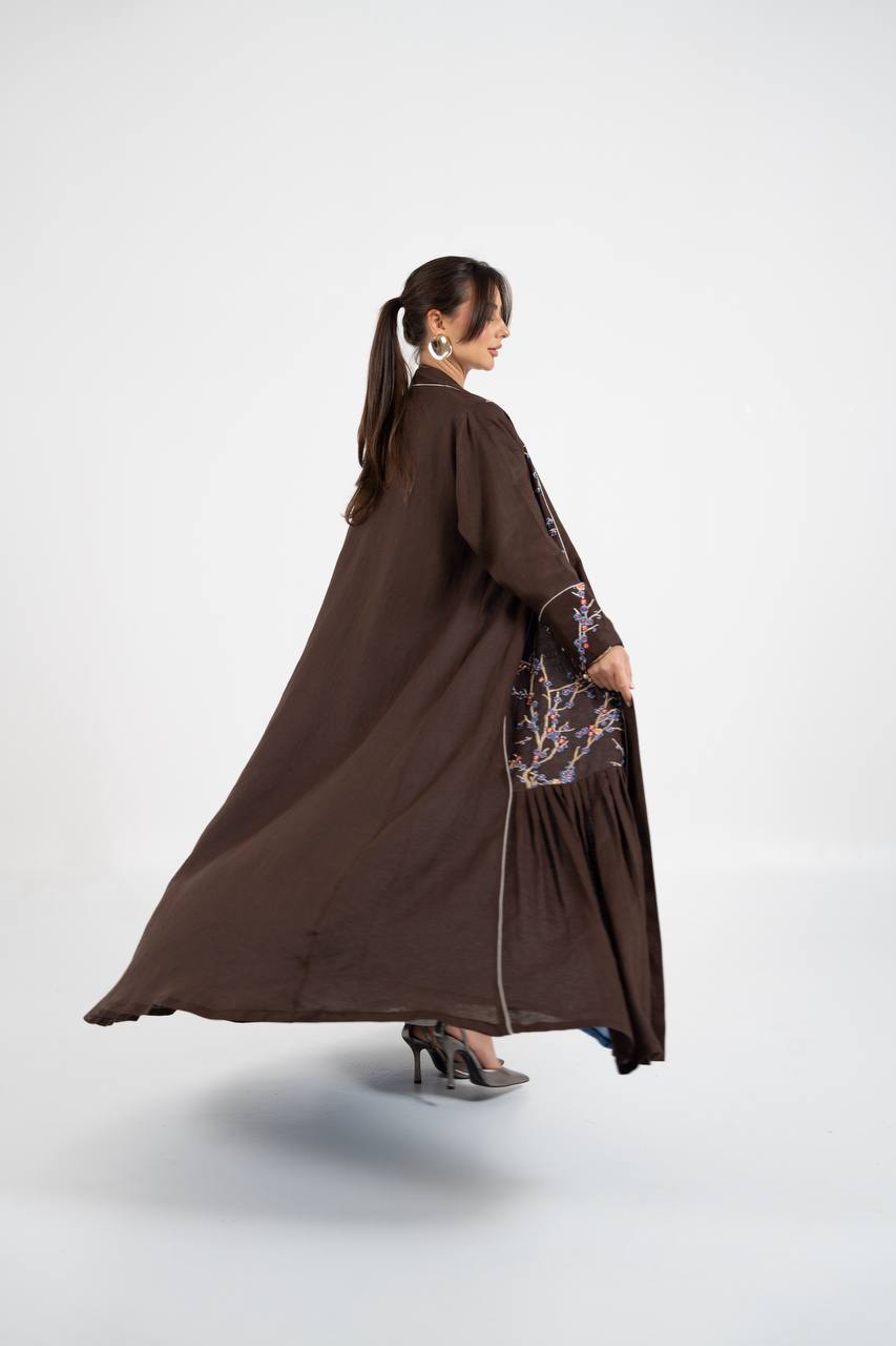 Linen abaya in brown with embroidery. C:6760