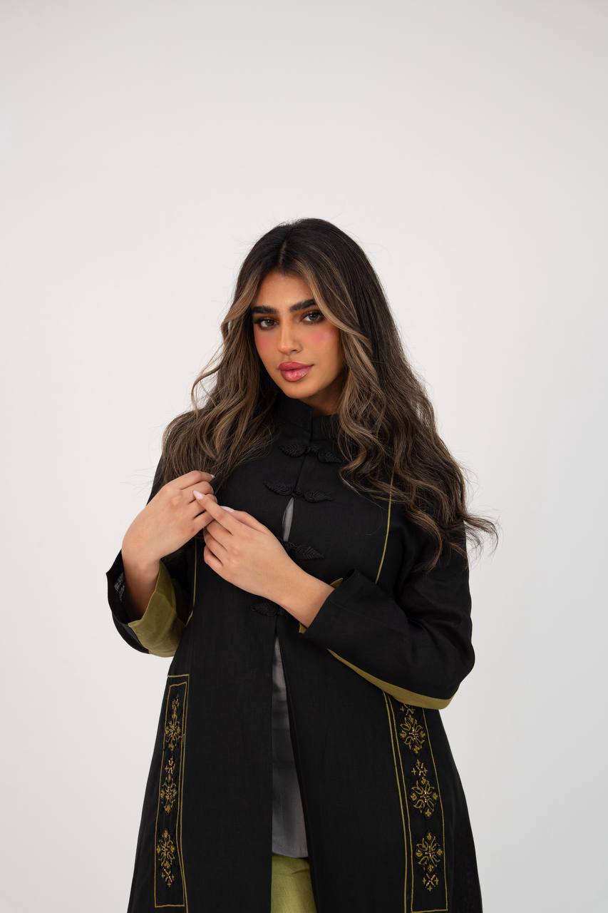 Linen abaya in black with hand embroidery. C:6766