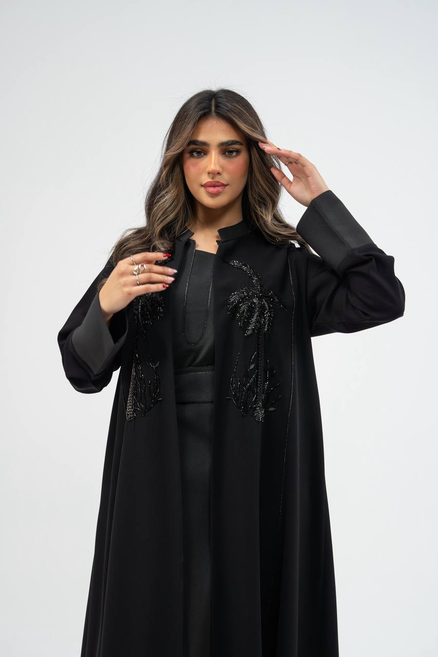 Black crepe abaya with hand-stitched details. C:6748 black.  crepe
