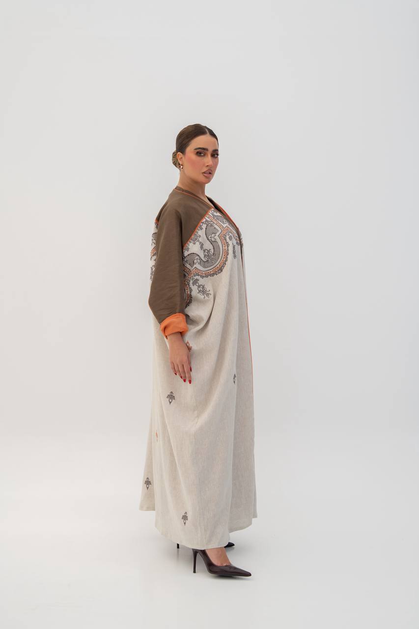 Beige linen abaya with embroidery. C:6785