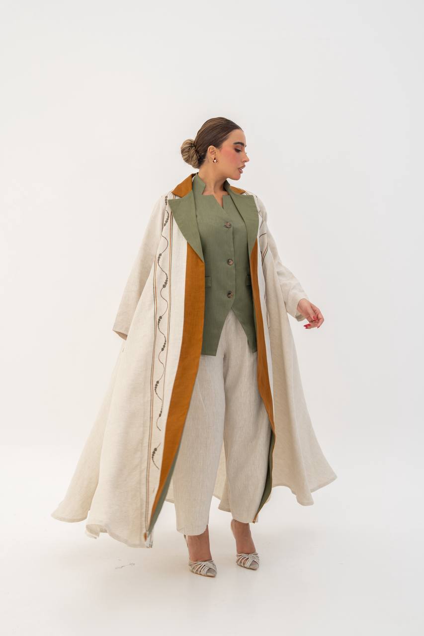 Beige linen abaya with embroidery. C:6787