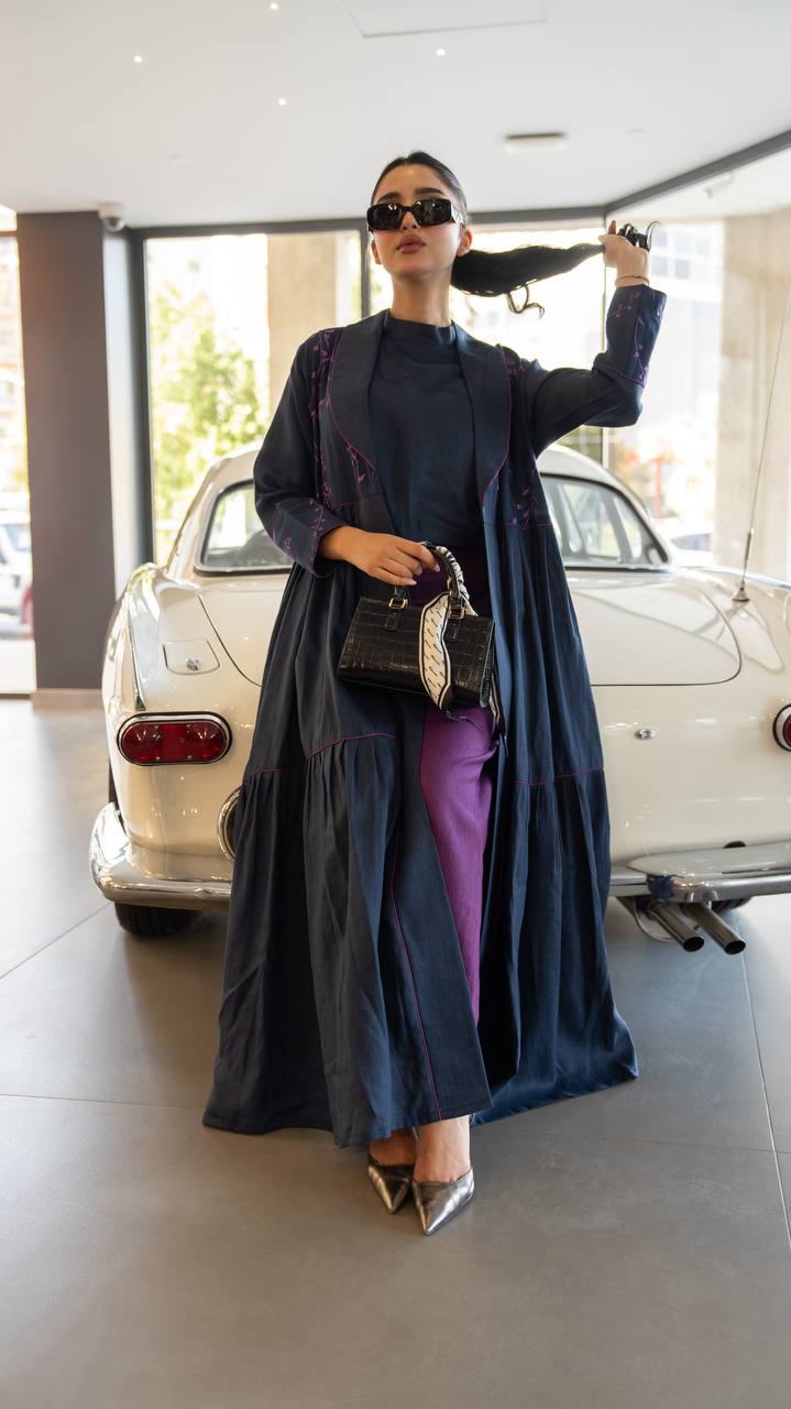 Linen abaya in navy blue with embroidery.C:6786