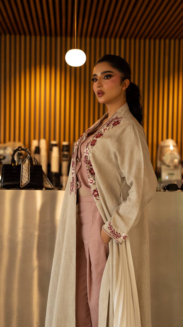 Linen abaya in beige with hand embroidery and beading. C:6791