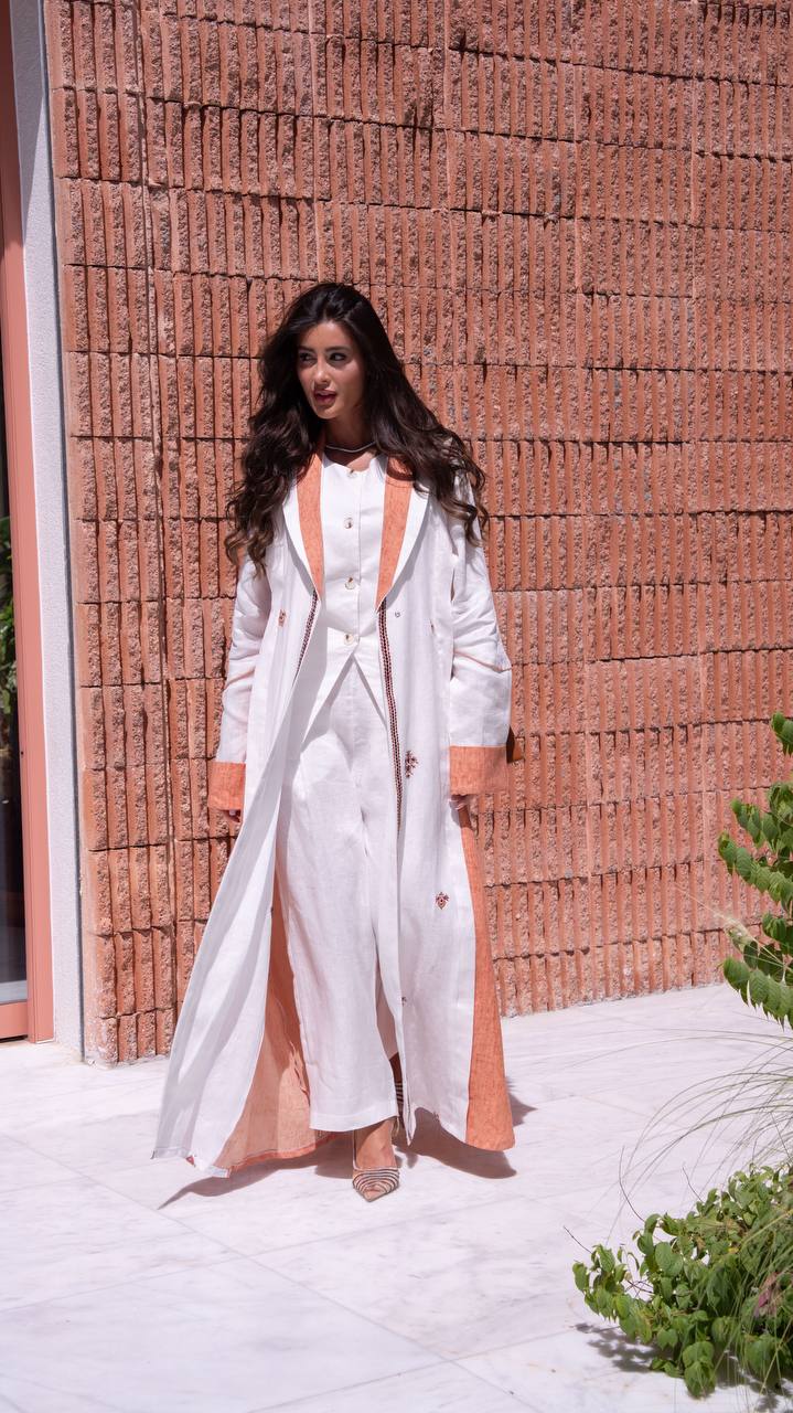 White and orange linen blazer abaya with embroidery. C:6794