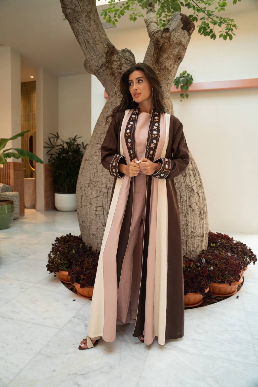 Linen abaya in brown with embroidery.C:6799