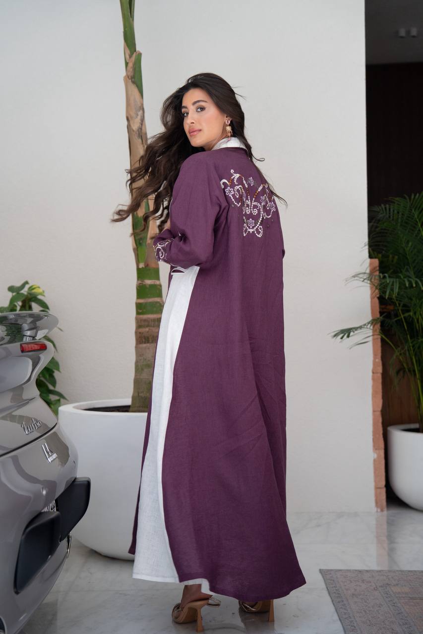 Purple linen blazer abaya with embroidery.C:6801